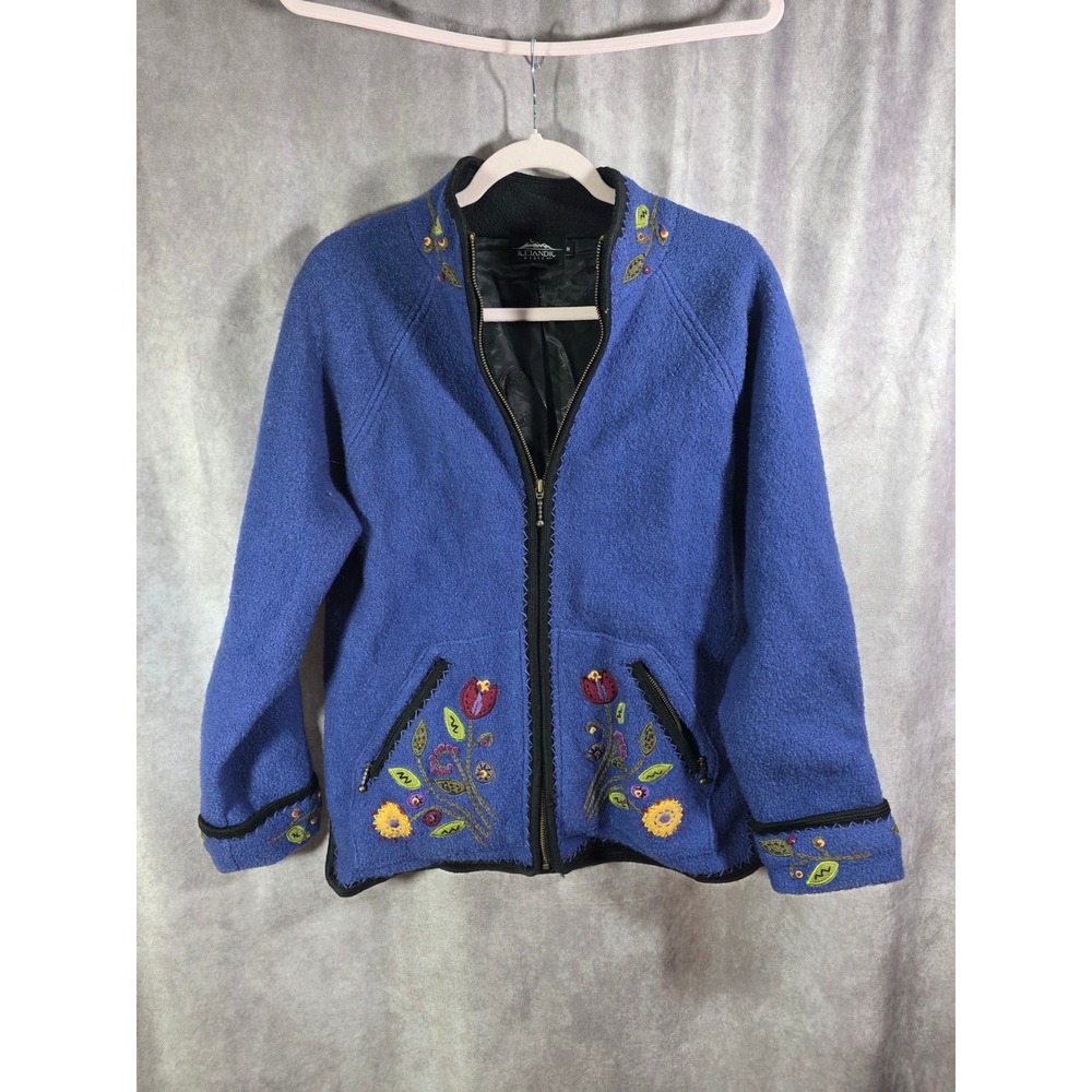 Icelandic Design Blue Wool Blend Embroidered Floral Zip Up Jacket Womens Medium